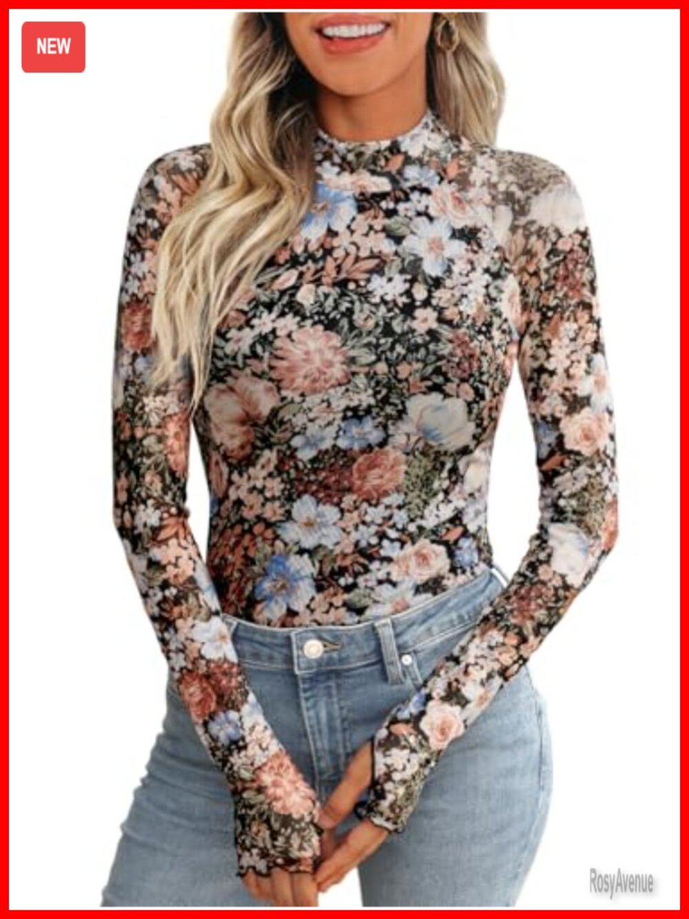 Women's Sheer Floral Mesh Long Sleeve Mock Neck Top